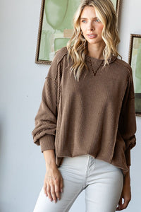 Jasmine Basic Comfy Ribbed Long Sleeve Top: Chestnut