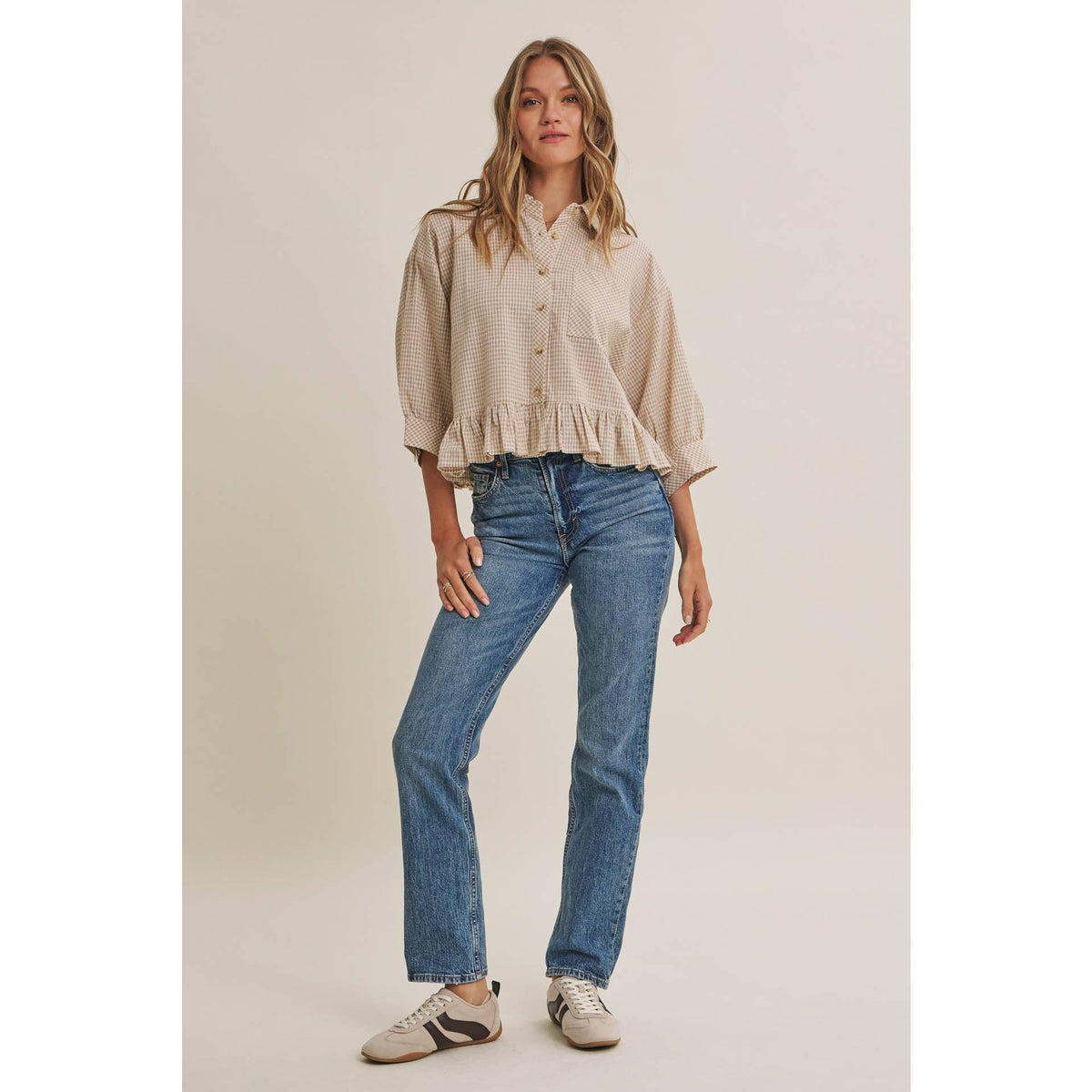 MORNING OAT MICRO CHECK RUFFLE HEM BUTTON-DOWN SHIRT: VANILLA / S