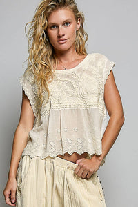 Willow Mae Boho Crochet Sleeveless Top with Embroidered Eyelet Hem: Natural