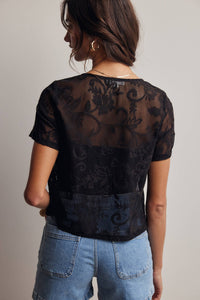The Rosalie Floral Lace Top: Black – Scoop Neck Tie Front Feminine Blouse