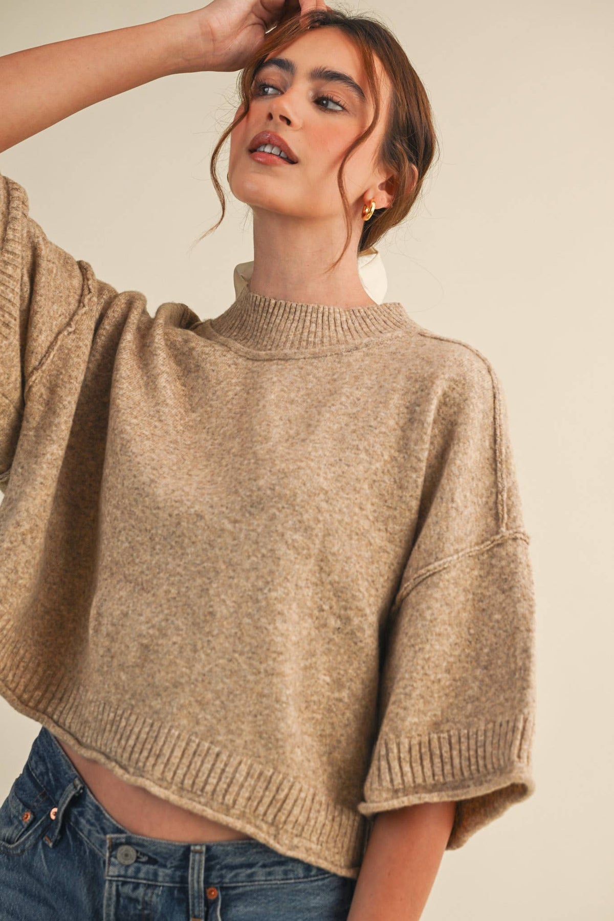 The Winterlyn Marled Mock Neck Sweater: Mocha Mousse – Semi-Cropped Short Sleeve Knit