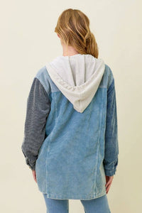 Sadie Color Block Corduroy Hoodie Shacket – Washed Button Down Hi-Low Hem