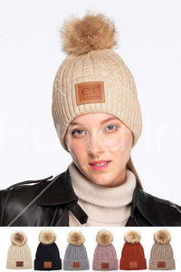 C.C Double Braided Beanie with Faux Fur Pom – Warm Winter Hat with Leather Patch
