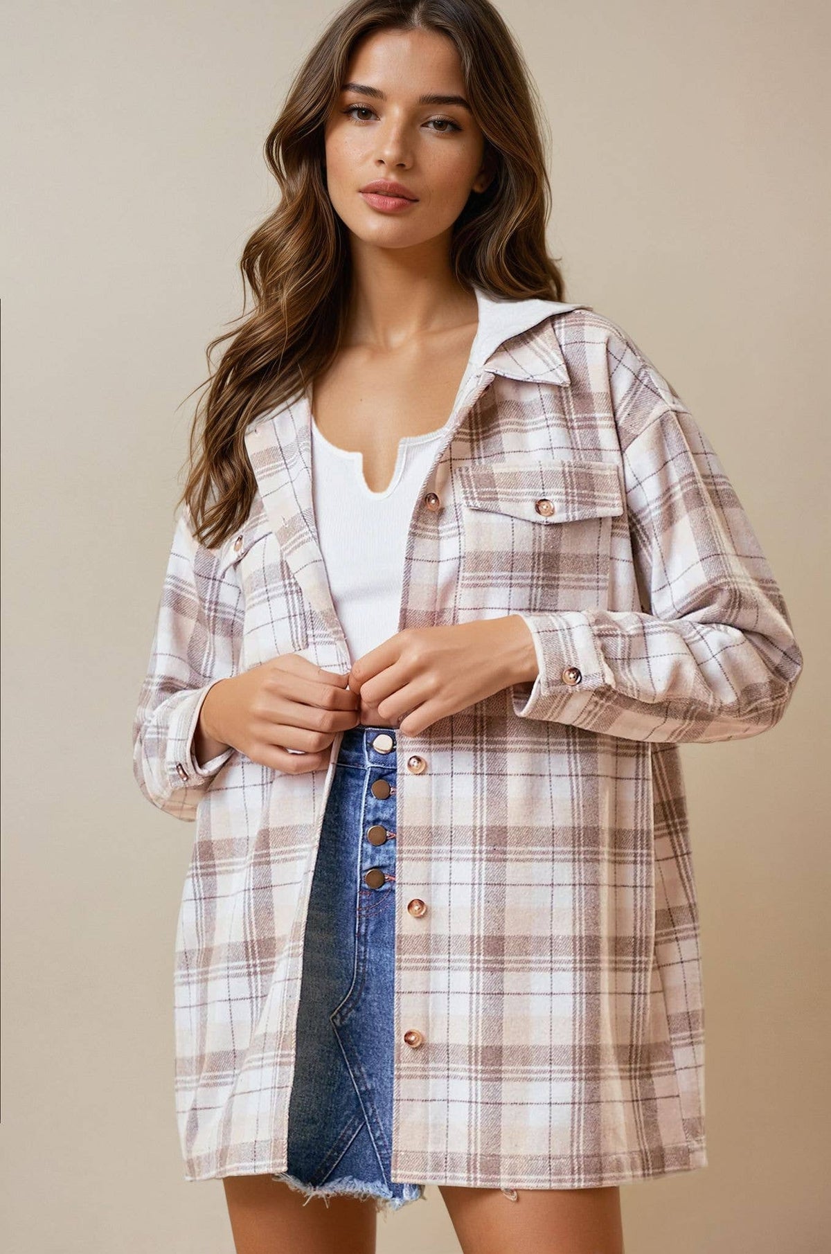 Olivia Hooded Plaid Shacket: Beige