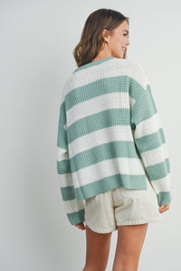 The Elodie Striped Cropped Knit Sweater: Ivory/Sage – Soft Long Sleeve Pullover
