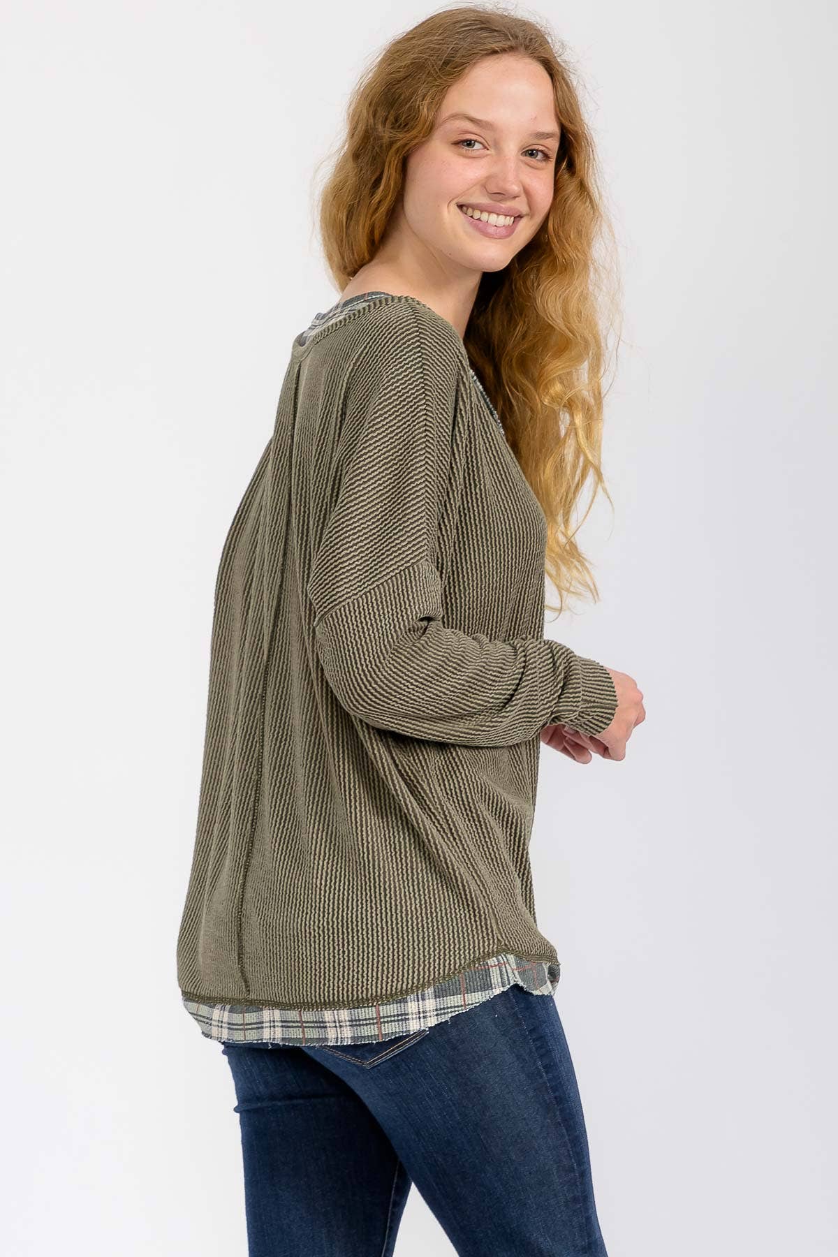 The Wren Plaid Trim Waffle Knit Top – Olive