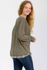 The Wren Plaid Trim Waffle Knit Top – Olive