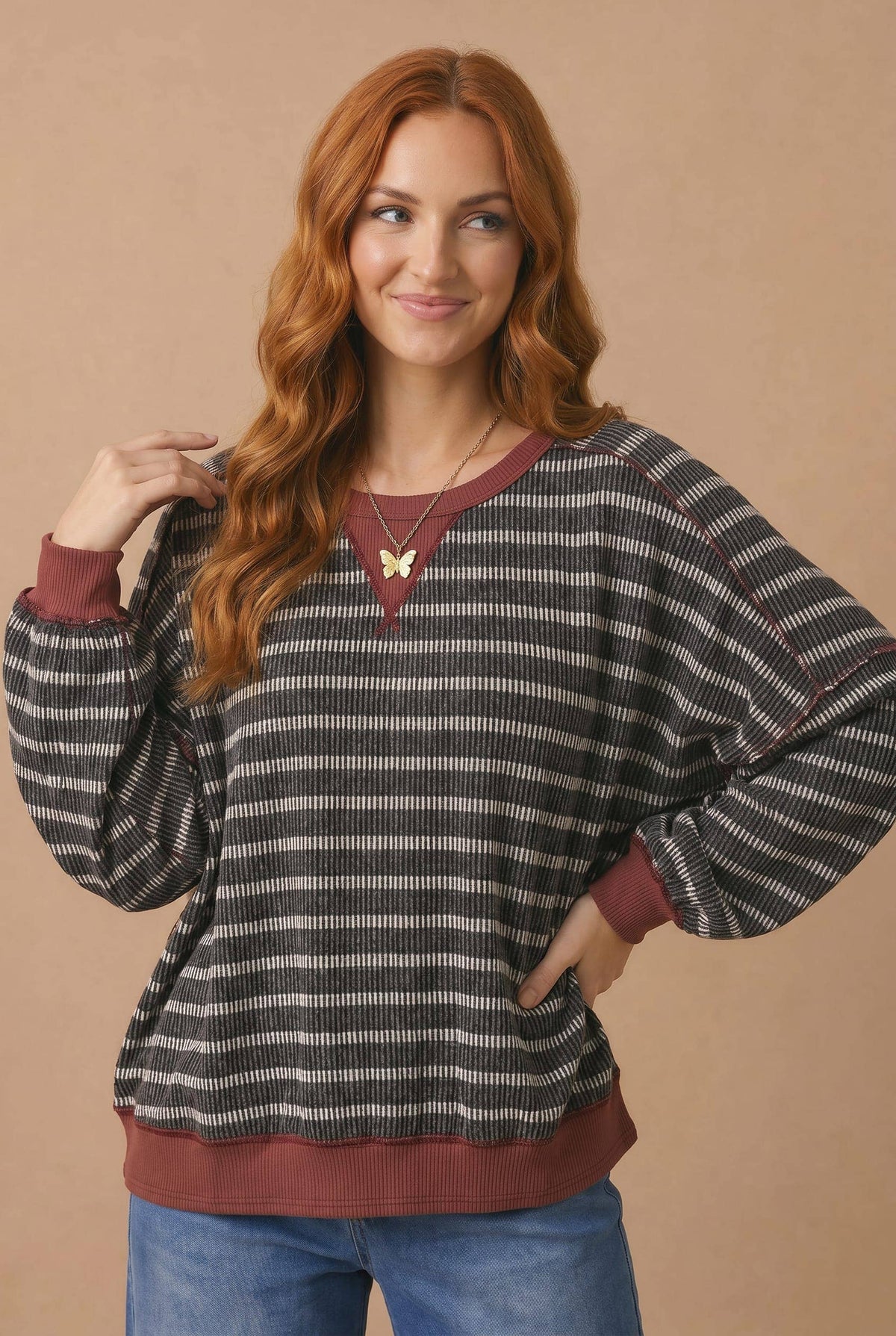 Throwback Stripe Contrast Trim Sweatshirt: Charcoal/ Maroon