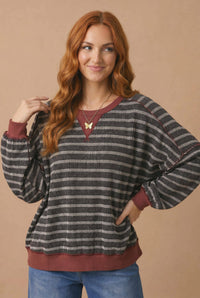 Throwback Stripe Contrast Trim Sweatshirt: Charcoal/ Maroon