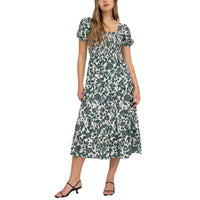 Ivy Garden Smocked Floral Midi Dress – Square Neck Puff Sleeve A-Line Dress for Women