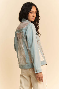 The Briar Lace Panel Denim Jacket – Floral Mesh Western Jean Jacket