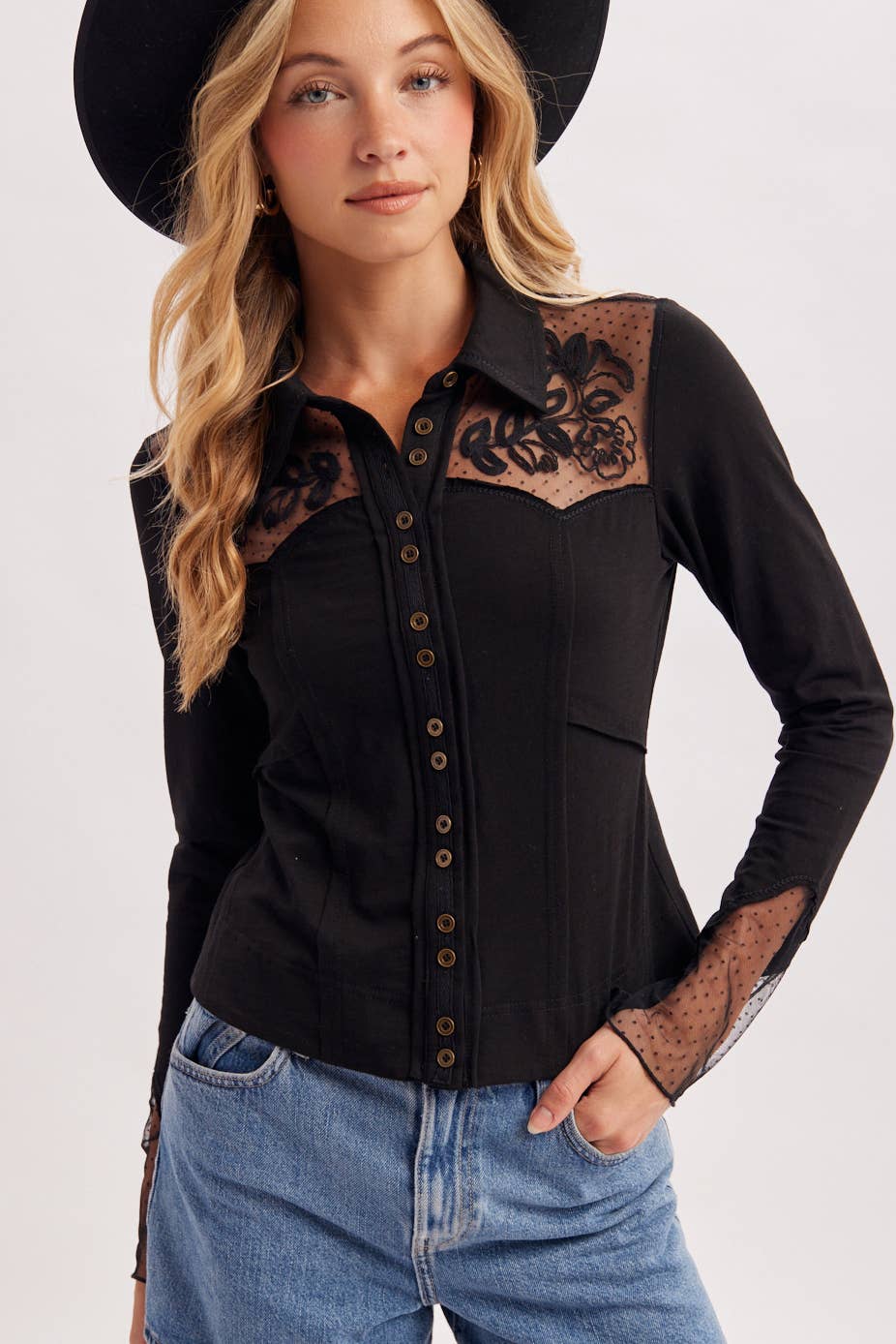 Dakota Rose Western Embroidered Mesh Button Front Top: Black