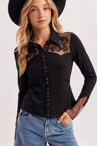 Dakota Rose Western Embroidered Mesh Button Front Top: Black