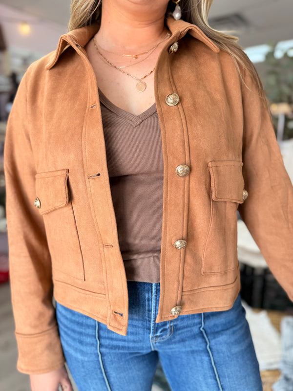 Sierra Stretch Suede Cropped Jacket: Camel