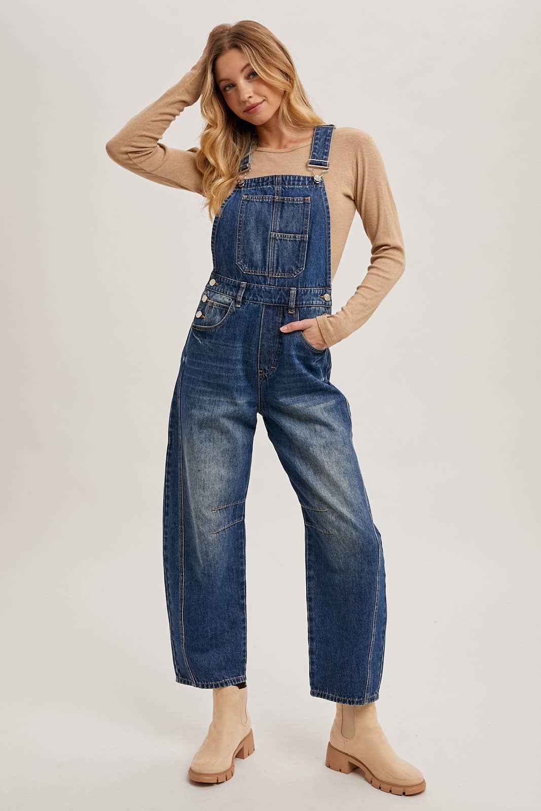Juniper Barrel Leg Denim Overalls – Vintage Medium Wash Barrel-Leg Overalls with Adjustable Straps