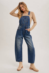 Juniper Barrel Leg Denim Overalls – Vintage Medium Wash Barrel-Leg Overalls with Adjustable Straps
