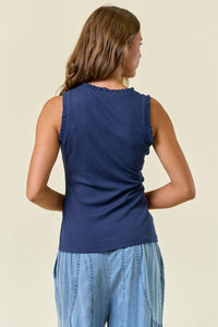 Alessia V-Neck Frill Trim Knit Tank – Women’s Sleeveless Ribbed Layering Top