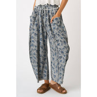 Vintage Blue Floral French Terry Barrel Pants: Grey