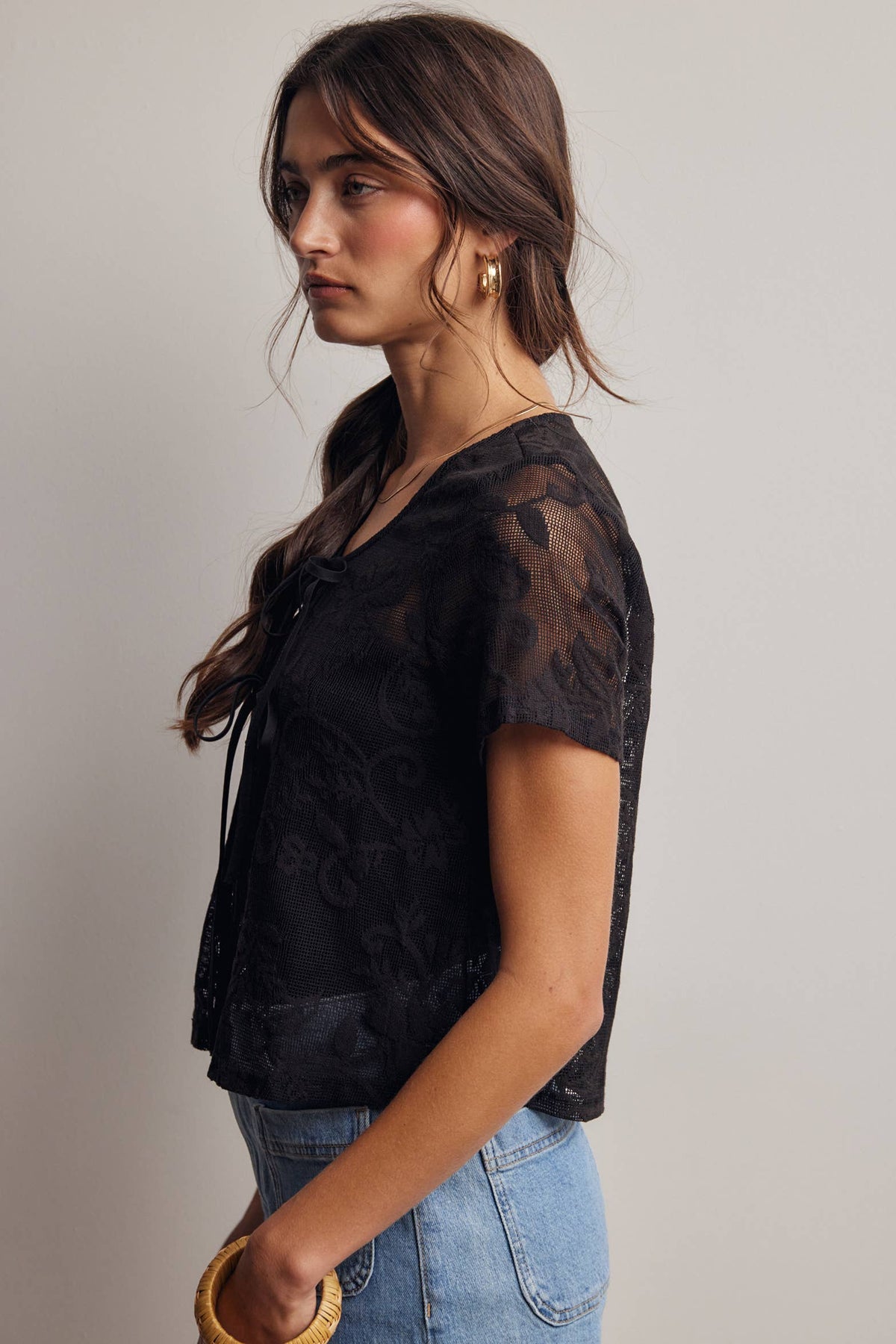 The Rosalie Floral Lace Top: Black – Scoop Neck Tie Front Feminine Blouse