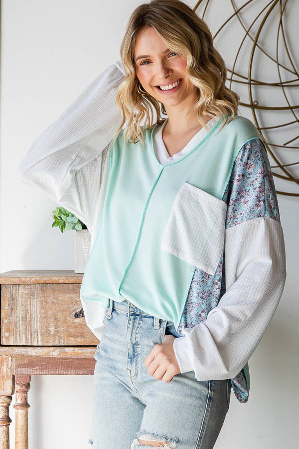 Beth Boho Floral Patch Long Sleeve Top: Mint