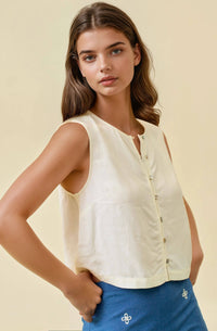 Lucienne Button Front Crop Tank: Ivory – Women’s Linen Blend Sleeveless Top