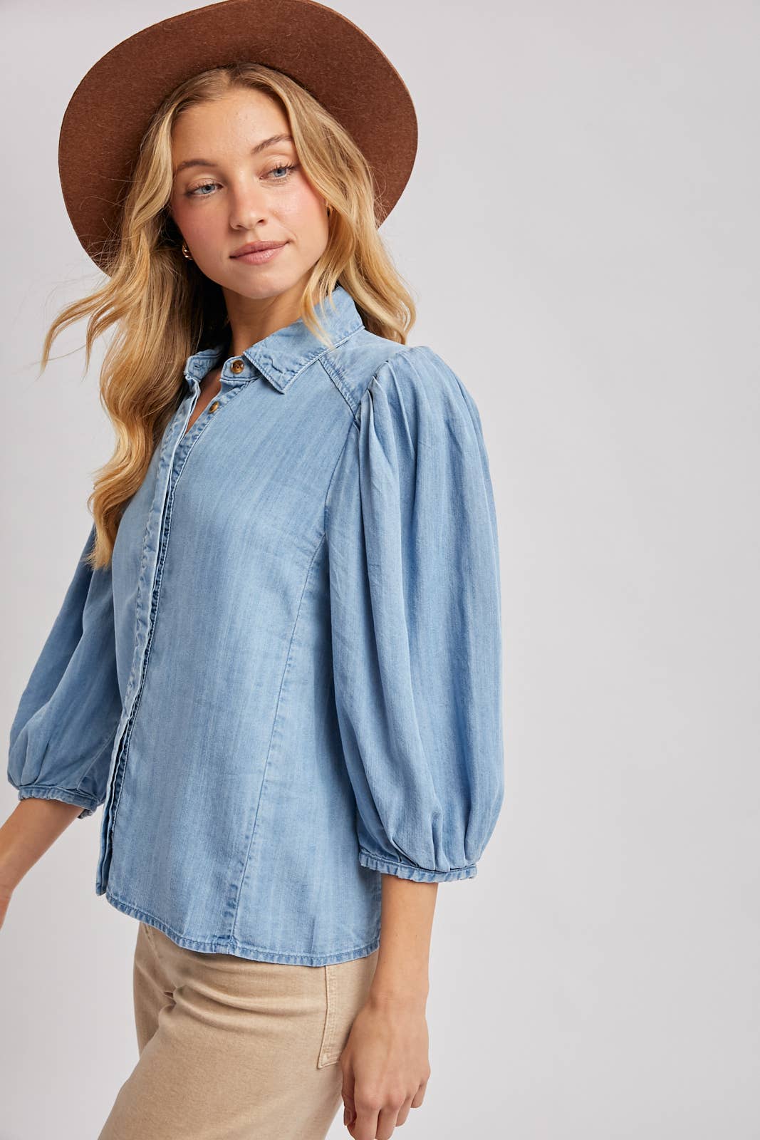 Elowen Denim Balloon Sleeve Button-Up Top