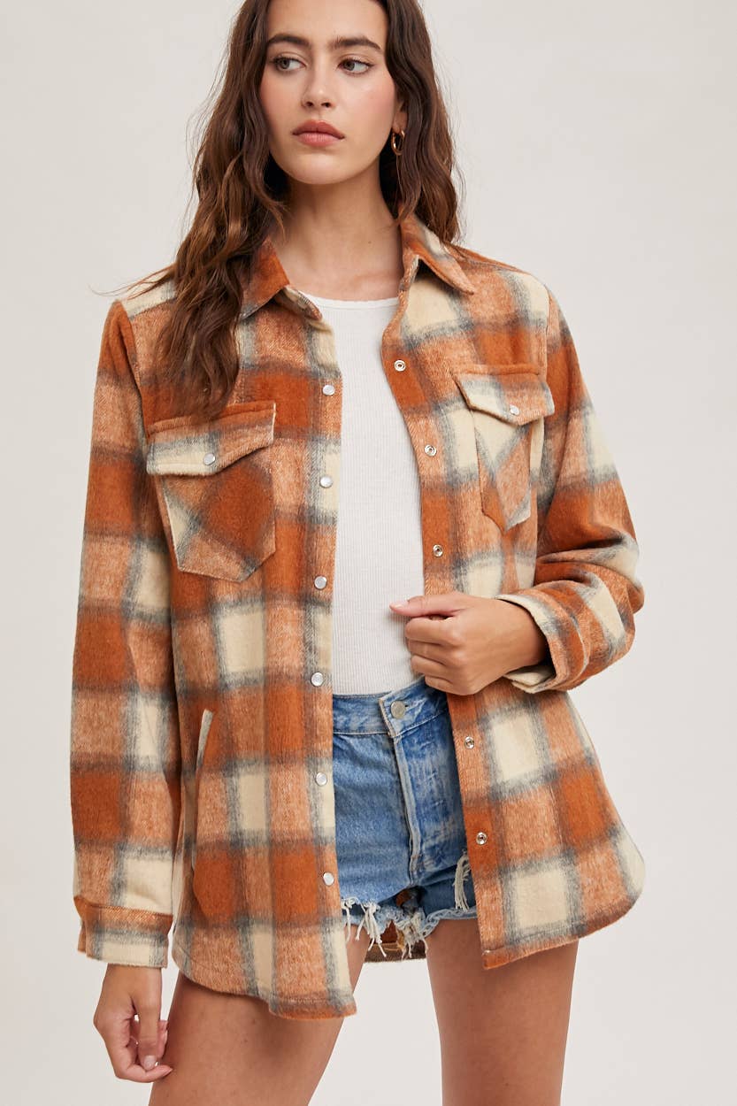 Dakota Plaid Flannel Shacket with Pockets – Brown Cream & Rust Ivory