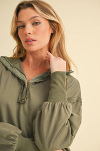 Bria Oversized Snap-Henley Pullover:Olive – Relaxed Athleisure Sweatshirt with Balloon Sleeves