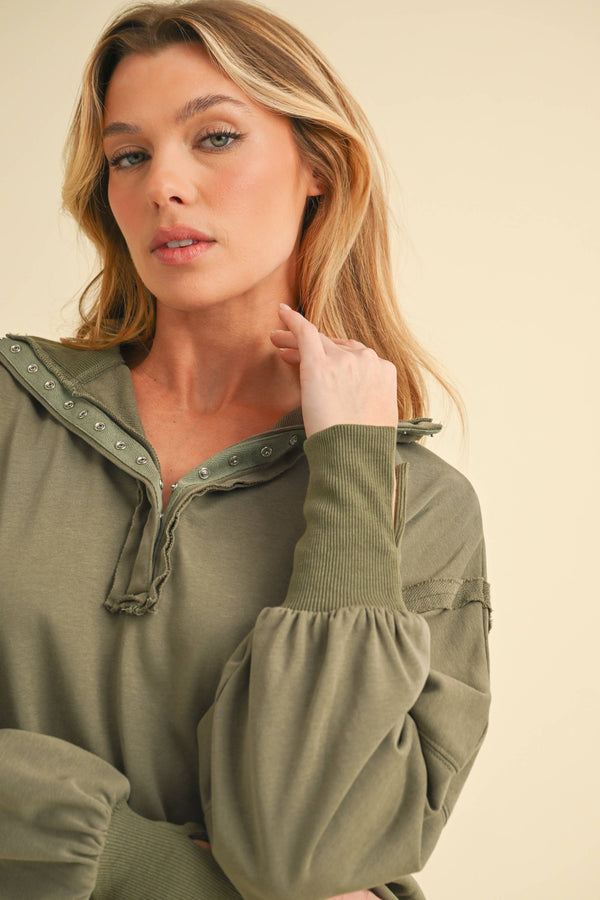 Bria Oversized Snap-Henley Pullover:Olive – Relaxed Athleisure Sweatshirt with Balloon Sleeves