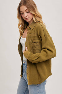 The Calla Thermal Contrast Shacket:Olive – Textured Button-Down Layer | Northern Belle Boutique