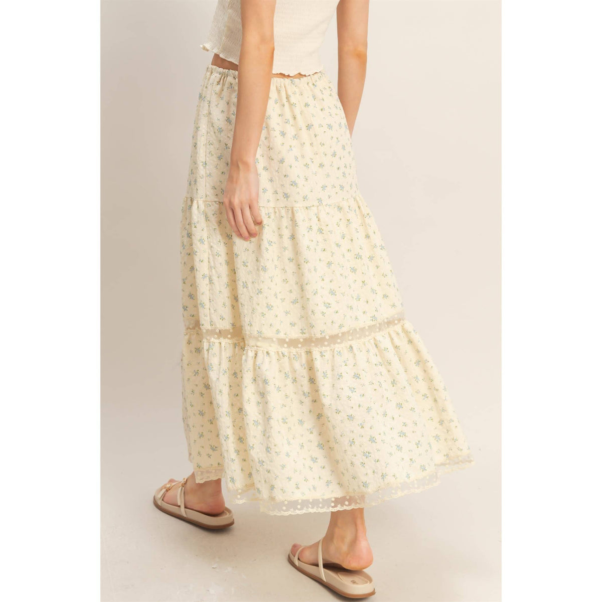 The Willow Lace Tiered Skirt: Cream/Brown Floral
