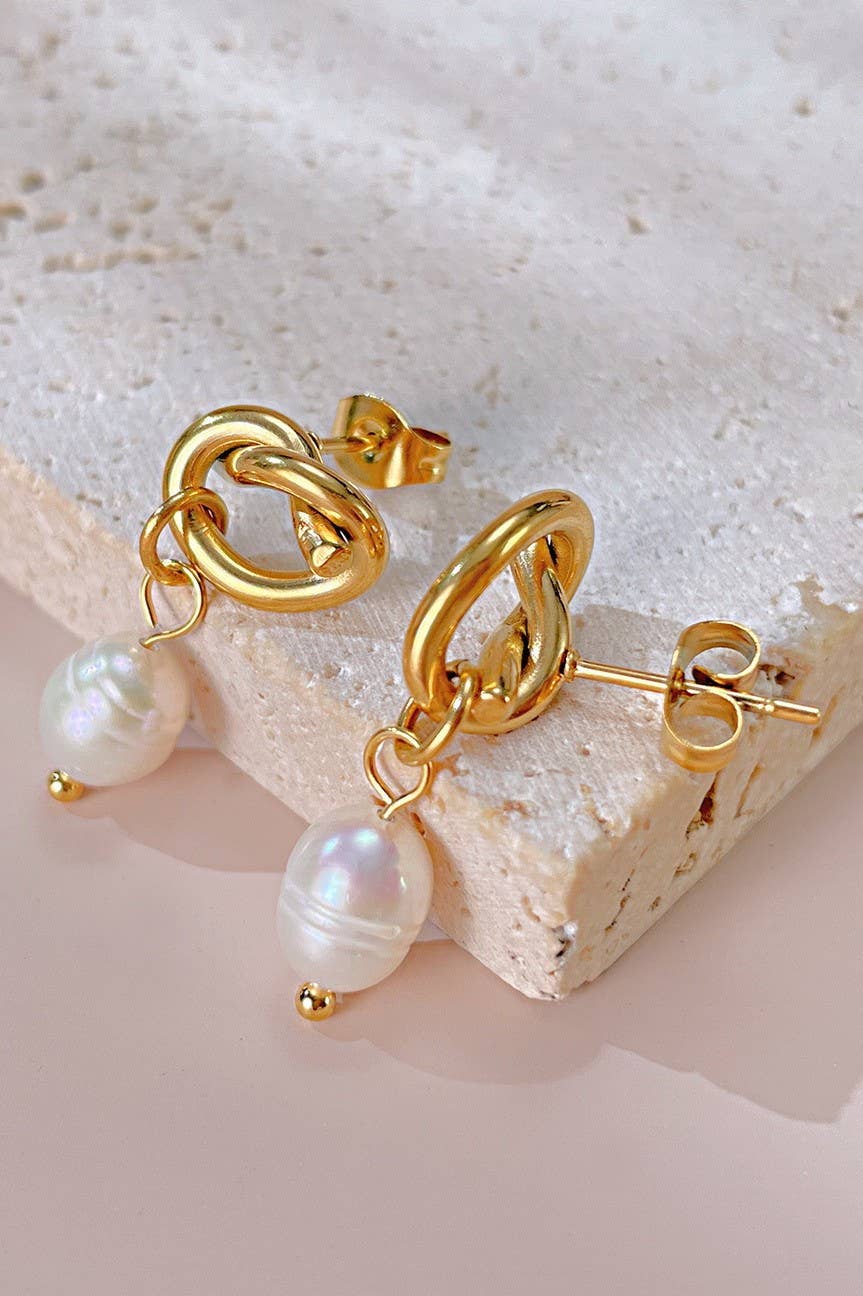 18K Gold Stainless Steel Bow Knot Pearl Drop Earrings – Tarnish Free Waterproof Studs