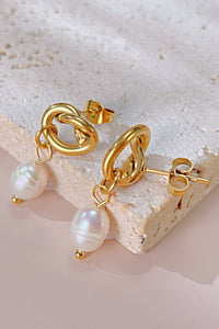 18K Gold Stainless Steel Bow Knot Pearl Drop Earrings – Tarnish Free Waterproof Studs