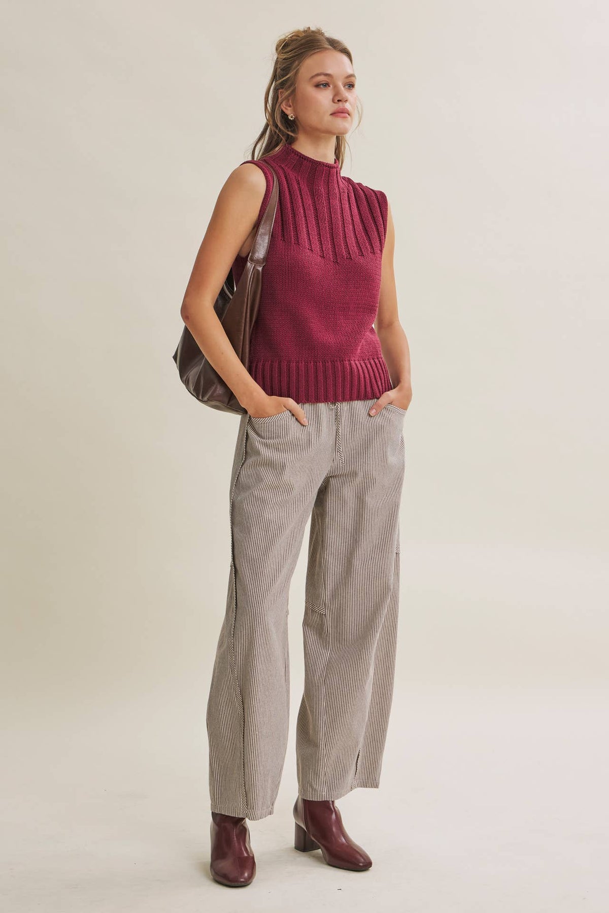 ALL ABOUT COMFORT ELASTIC STRIPE COTTON BARREL PANTS: DK. GREEN / L