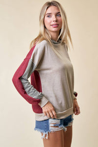 All the Time Color Block Striped Hoodie: TAUPE/BRICK