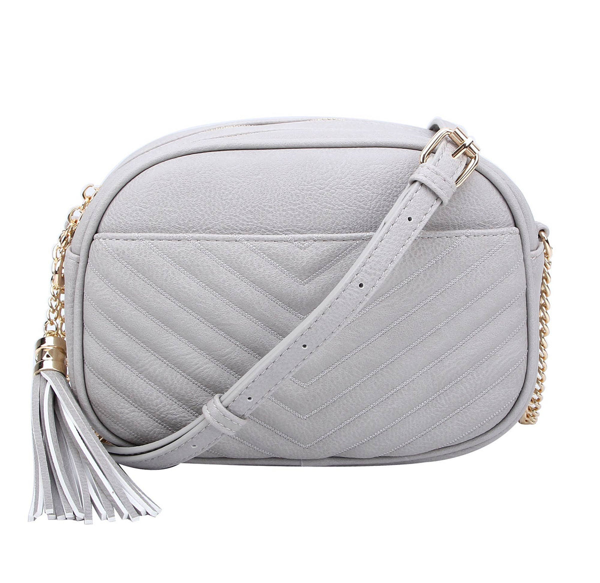 Veronica V-Stitch Tassel Crossbody Bag – Coffee & Stone | Faux Leather Small Purse with Double Zipper Top, Adjustable Strap, Gold Hardware