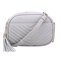 Veronica V-Stitch Tassel Crossbody Bag – Coffee & Stone | Faux Leather Small Purse with Double Zipper Top, Adjustable Strap, Gold Hardware