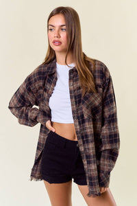 Rory Fringe Hem Flannel: Black/Brown – Oversized Plaid Button Down Shirt