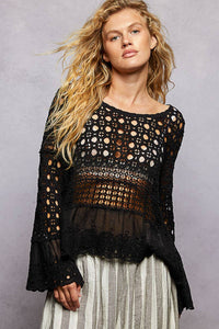 Long Sleeve Round Neck Women Crochet Top: NATURAL / OS