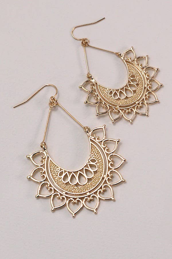 BOHO HALF CIRCLE FLOWER DROP EARRINGS: GOLD