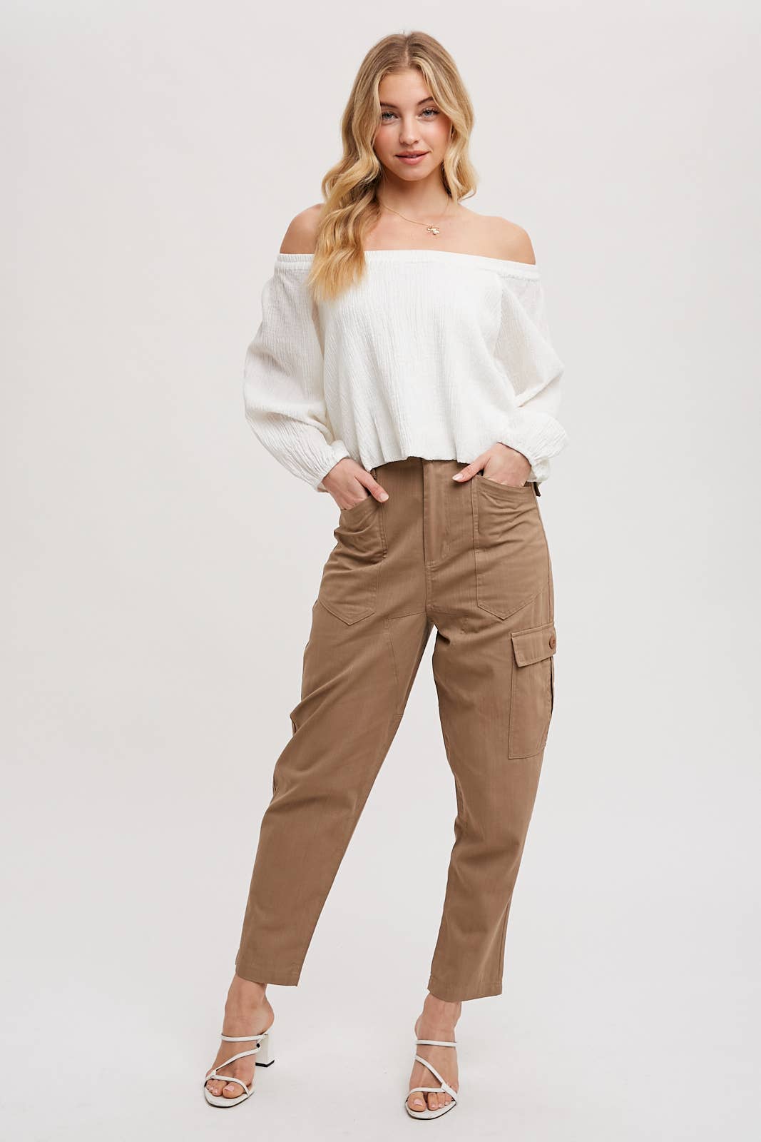 Mikey Linen Off the Shoulder Balloo Hem Top: Ivory