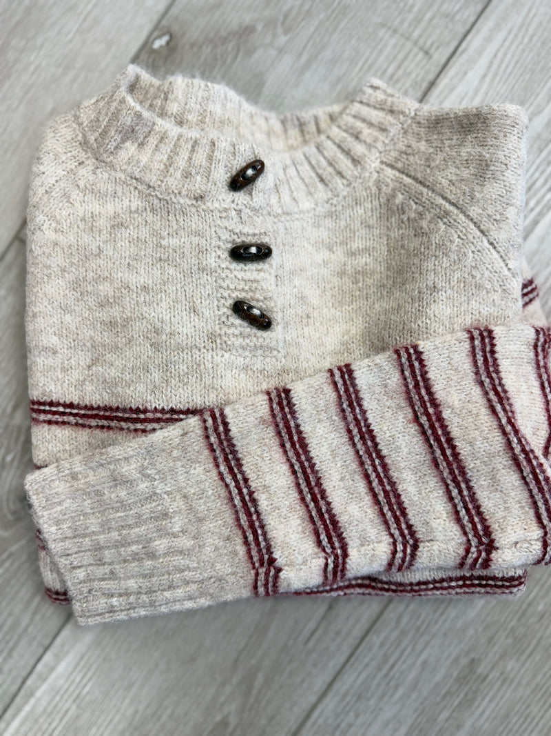 The Finley Striped Button Sweater – Oatmeal & Wine