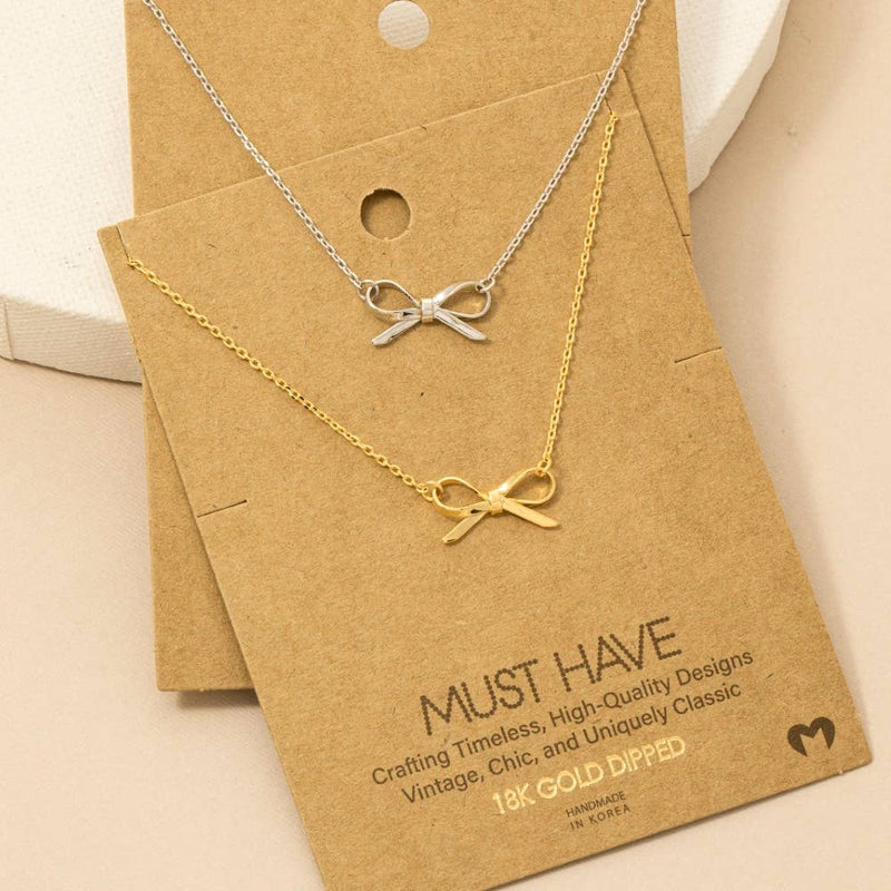 Gold Dipped Ribbon Bow Pendant Necklace: S