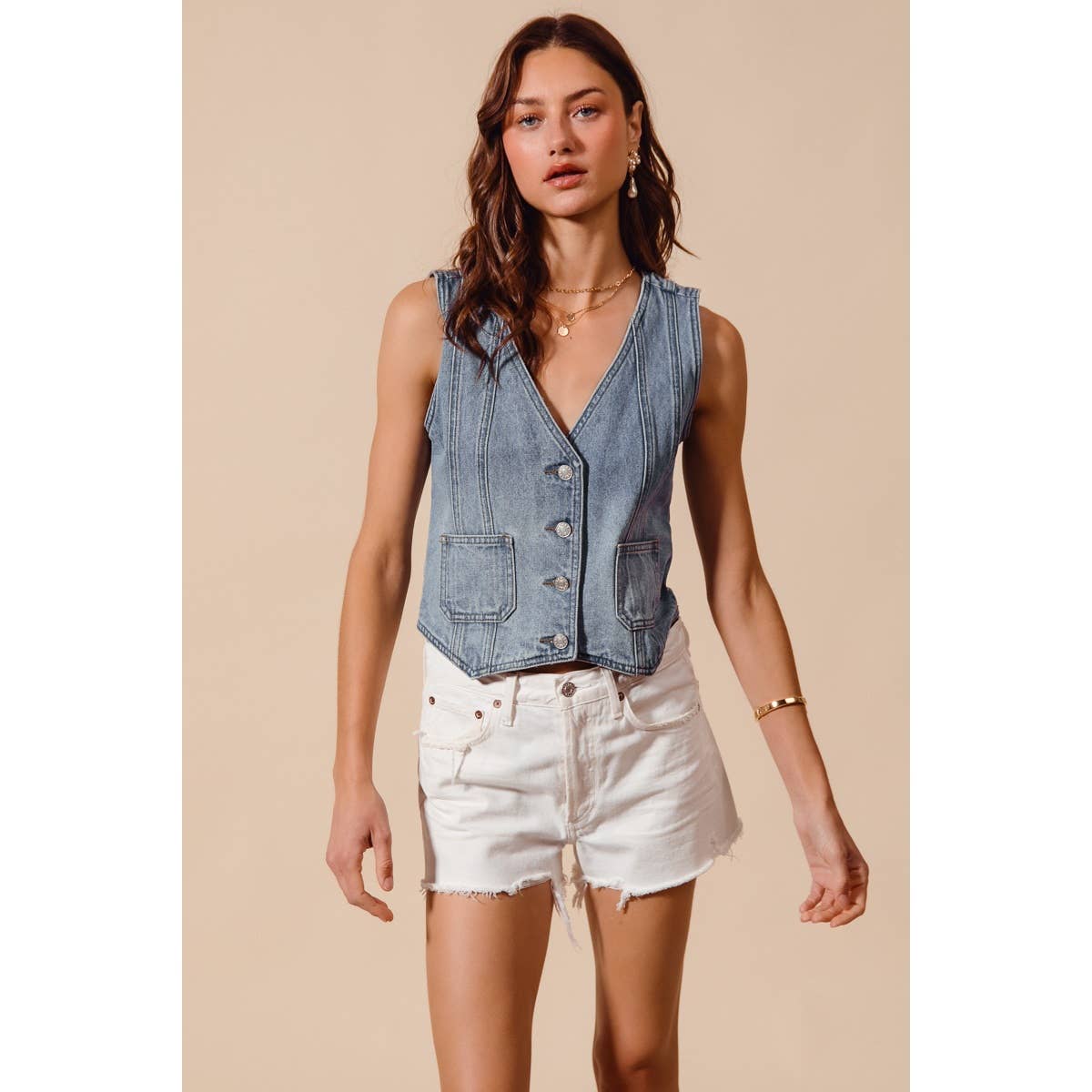 The Hudson Denim Vest: Light Wash  – Vintage Wash Button Front Denim Top