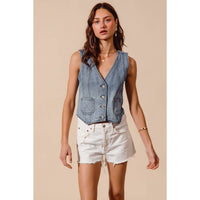 The Hudson Denim Vest: Light Wash  – Vintage Wash Button Front Denim Top