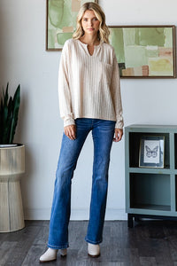 Alissa V Neck Casual Ribbed Long Sleeve Top: Oatmeal