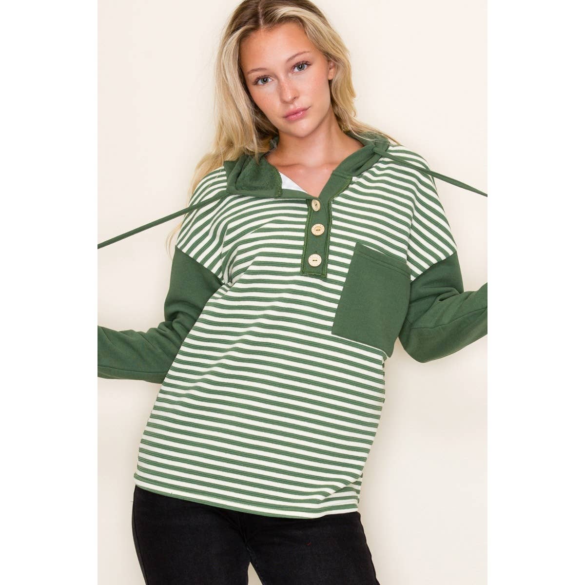 COLOR BLOCK STRIPED HOODIE TOP: OLIVE / S-M-L-XL(2-2-2-1)