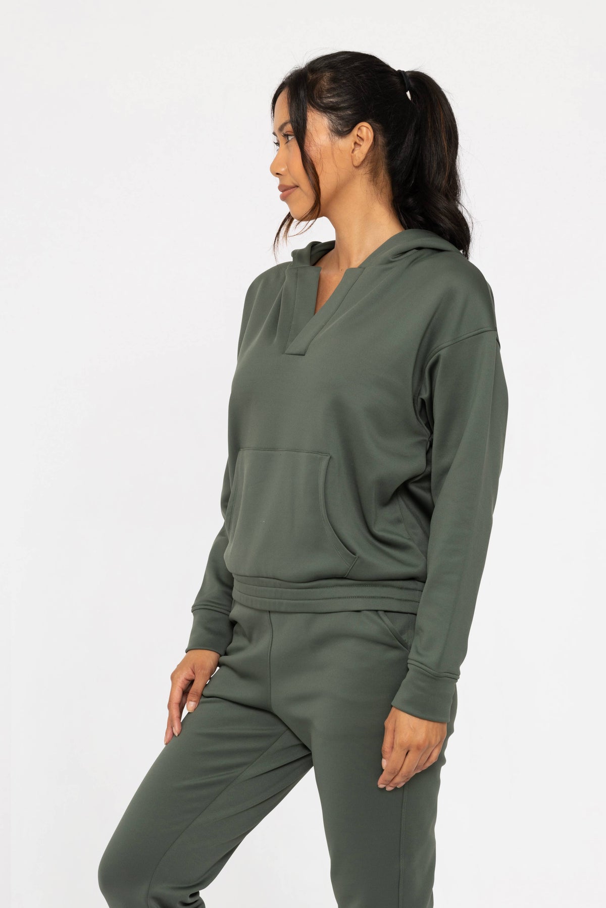 Mono B Elevated Pullover Henley Hoodie: Deep Forrest