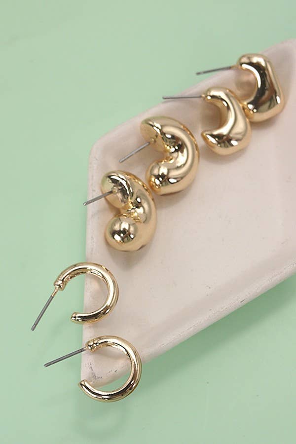 Gold Bubble Huggie Hoop Earring Trio – Hypoallergenic Lightweight Puffy Hoops