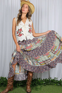 Eyelet Boho Floral Embroidery Patchwork Cotton Vest VT82314: Cream / L